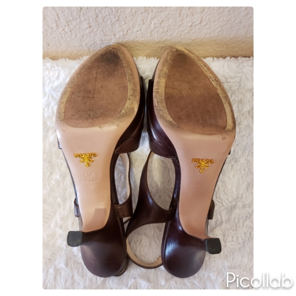 PRADA Brown Leather Criss Cross Peep Toe Slingback - Picture 11 of 11